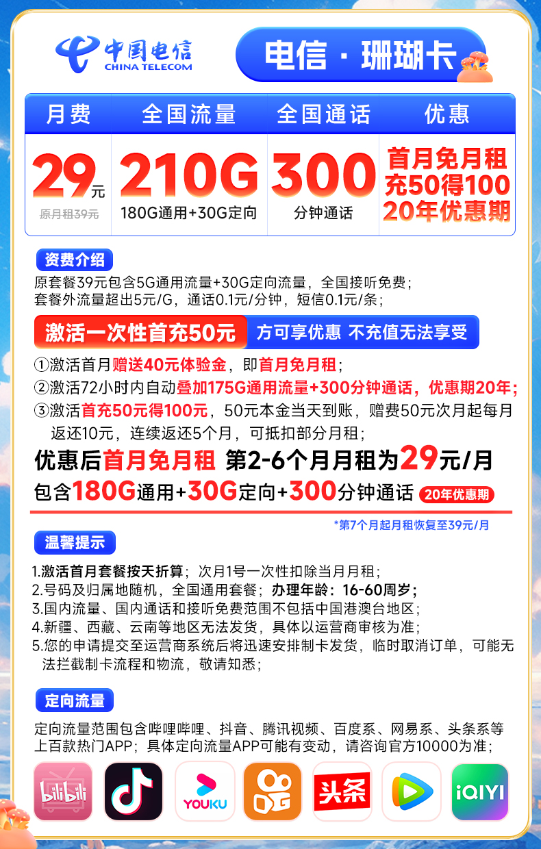 【实测】电信29元210G流量+300分钟通话卡,有点东西!