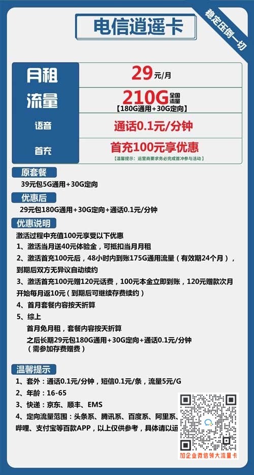 电信逍遥卡套餐介绍:29元包180G通用+30G定向 电信逍遥卡套餐介绍:29元包180G通用+30G定向